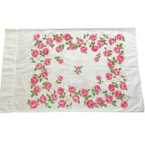 Vintage White Muslin Pillowcase w/ Pink Roses 30x20" Cottagecore Shabby Chic